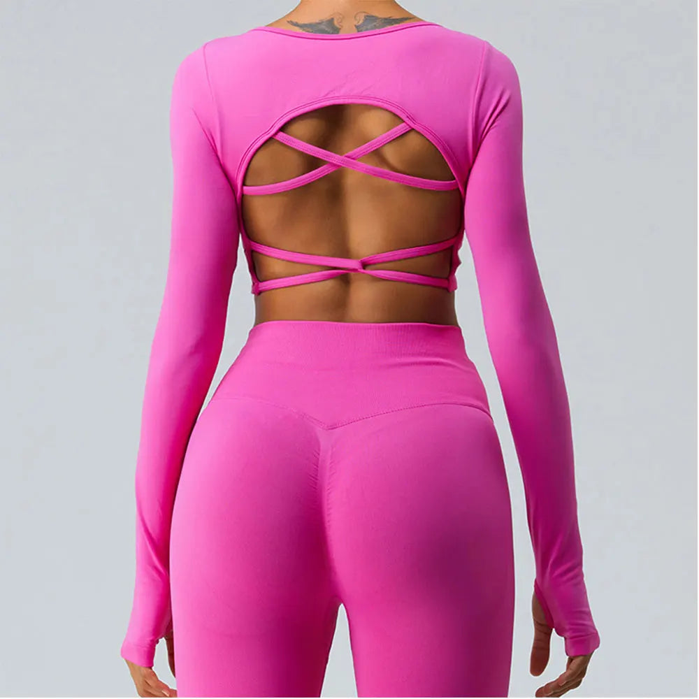 Sexy Women's Backless Shirt Seamless Crop Top Fitness Shirts Long Sleeve Gym Workout - VibrantFlex 