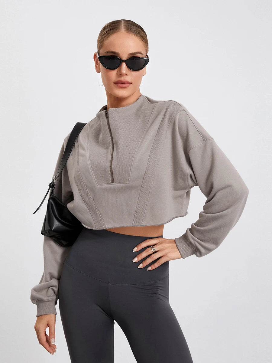 Women Half Zip Cropped Sweatshirts Lightweight Long Sleeve High Neck Pullover - VibrantFlex 